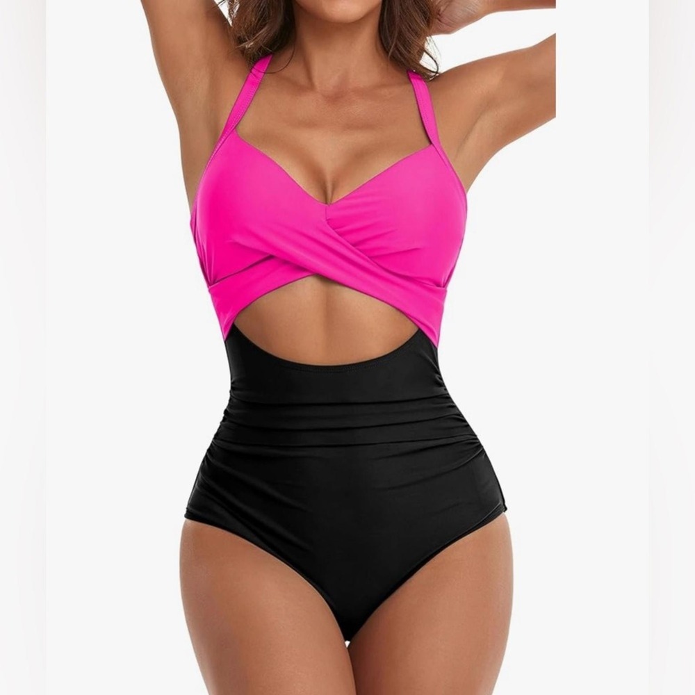 NWT Eomenie Size S Pink Tummy Control High‎ Waist Cutout One Piece Swimsuit